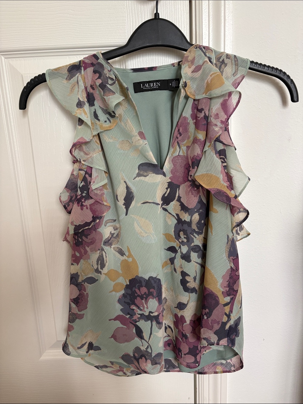 Lauren Ralph Lauren Mint Floral Ruffle Sleeveless Top